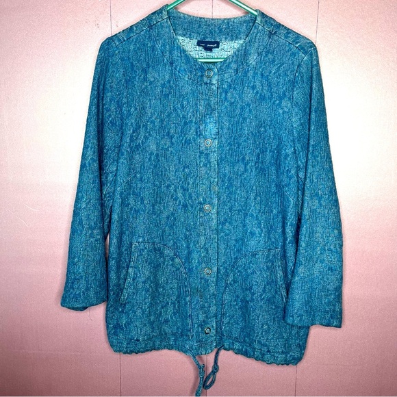 Pure Jill Indigo 100% Cotton Blue Textured Snap Up Drawstring Pockets Blazer S - Picture 2 of 8